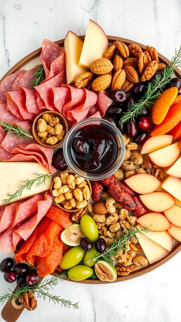 A festive charcuterie board with meats, cheeses, fruits, and nuts, garnished with herbs for Christmas.